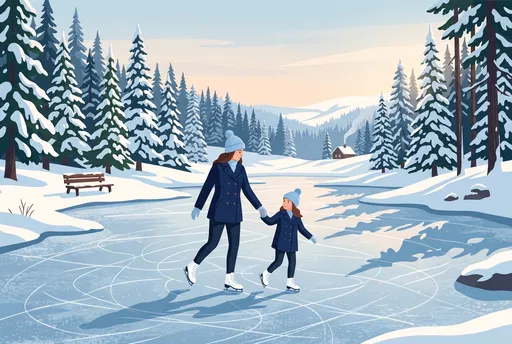 Mother and Daughter Ice Skating Outdoors