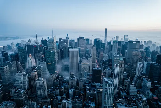 Misty Blue City Skyline at Dawn