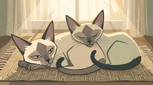 Two Stylized Siamese Cats Resting on Mat