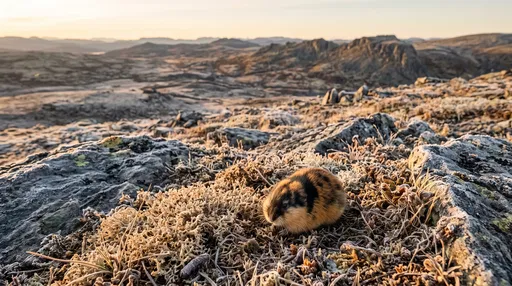Lemming on Frosty Mountain Tundra at Sunset