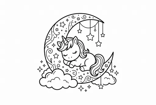 Sleeping Baby Unicorn on Moon Coloring Page
