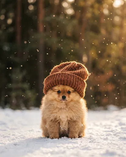 Pomeranian Puppy in Winter Beanie