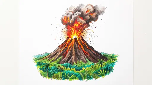 Erupting Volcano Colored Pencil Illustration