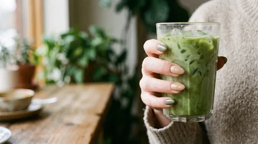 Hand with Almond Nails Holding Matcha Latte