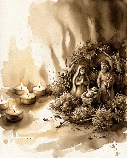 Sepia Watercolor Christmas Nativity Scene with Candles