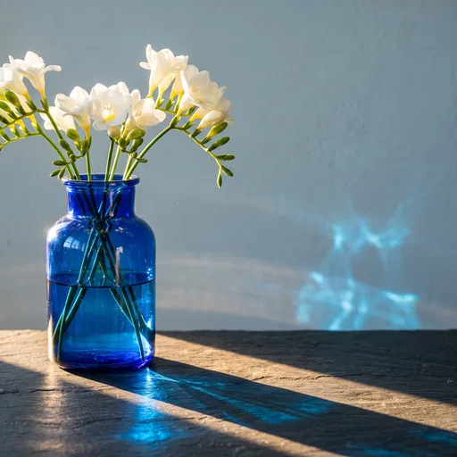 White Freesias in Cobalt Blue Glass Vase