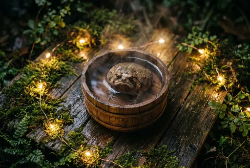 Grumpy Frog in Miniature Wooden Hot Tub