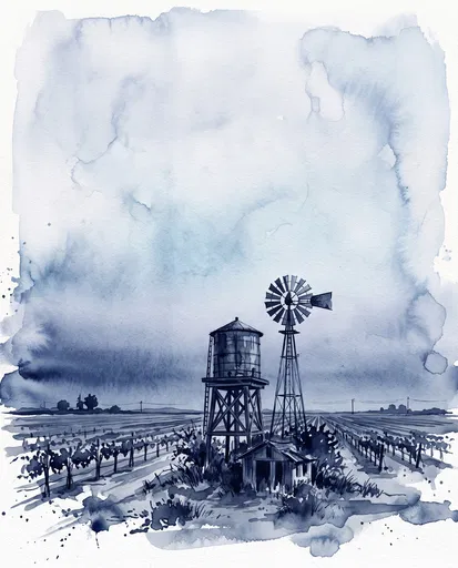 Indigo Watercolor Vineyard Water Tower and Windmill
