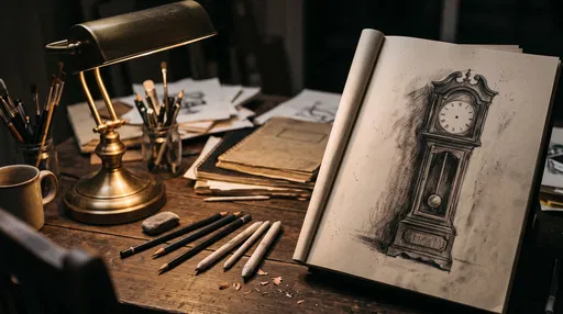 Charcoal Grandfather Clock Sketch on Desk