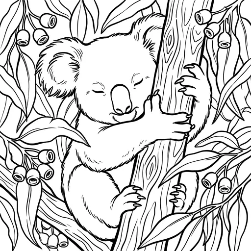 Sleepy Koala in Eucalyptus Tree Coloring Page