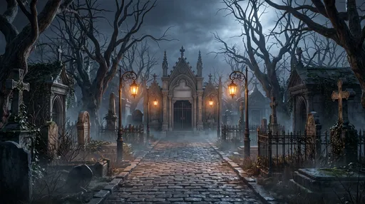 Gothic Graveyard Path With Glowing Lanterns