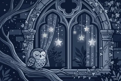 Sleeping Owl by Starlit Arched Window