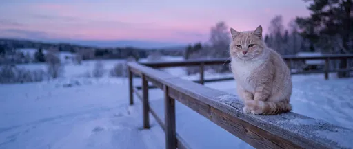 Cream Tabby Cat on Frosted Winter Rail