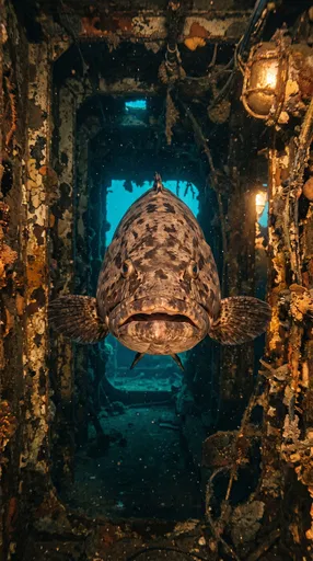Giant Grouper Inside Sunken Shipwreck Corridor