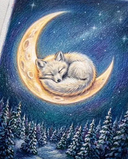 Sleeping Arctic Fox on Crescent Moon