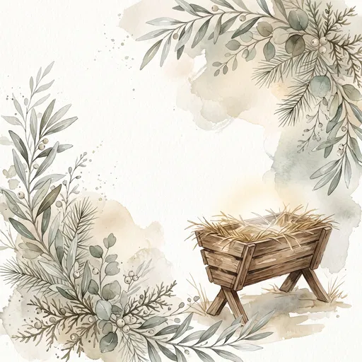 Watercolor Wooden Manger With Botanical Frame