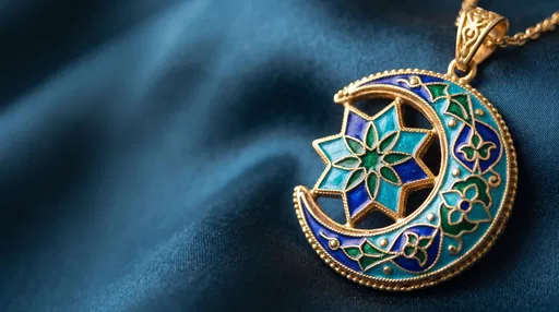 Gold Cloisonne Crescent and Star Pendant