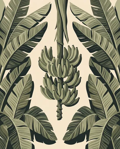 Symmetrical Green Banana and Leaves Illustration