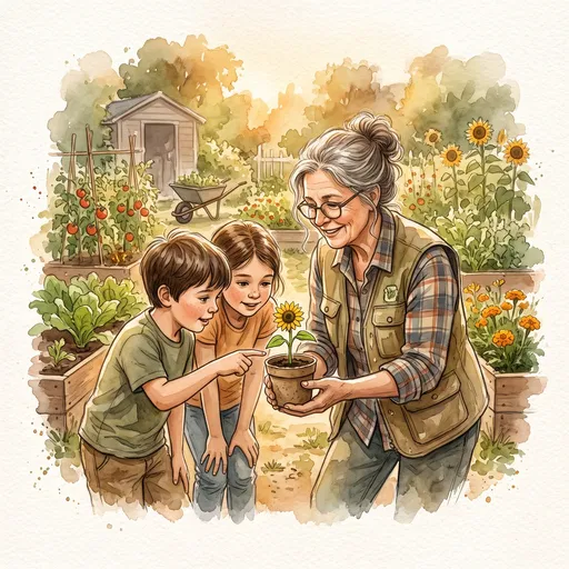 Teacher Showing Potted Sunflower to Children