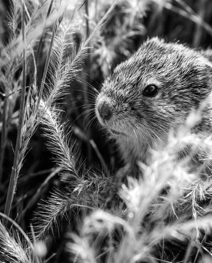 Monochrome Macro Portrait of Steppe Lemming