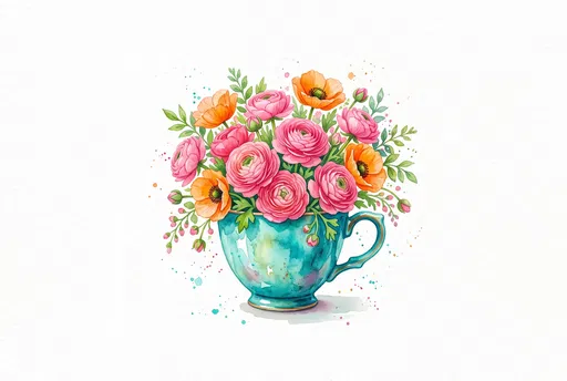 Watercolor Turquoise Teacup With Vibrant Flowers