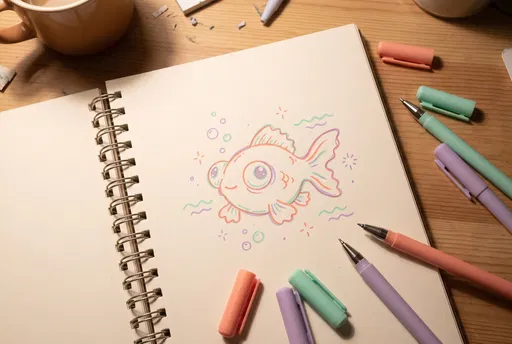 Pastel Gel Pen Goldfish Doodle in Sketchbook