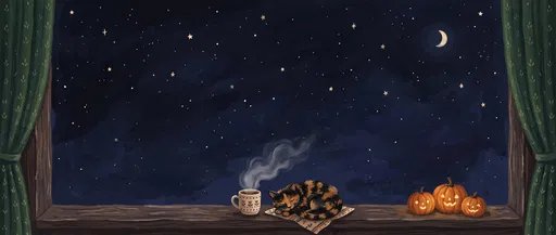 Cozy Halloween Windowsill Night Sky Illustration