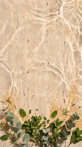 Eucalyptus and Mint on Sunlit Travertine