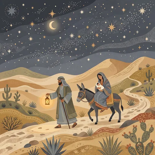 Folk Illustration of Holy Family in Desert