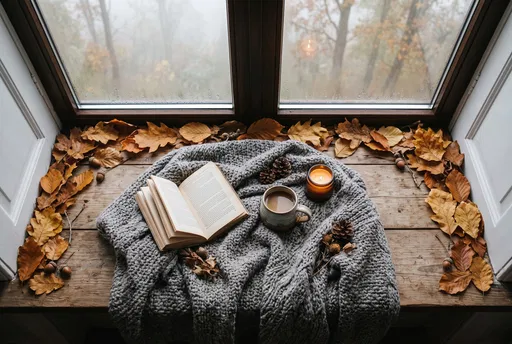 Cozy Autumn Window Sill With Book