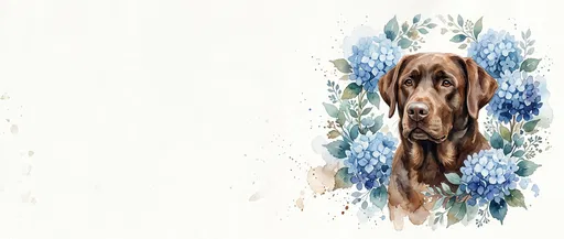Watercolor Chocolate Labrador in Hydrangea Wreath