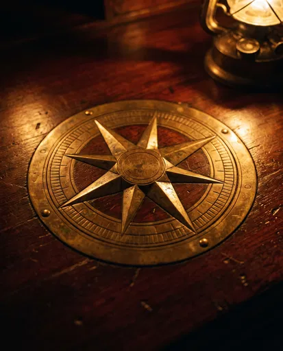 Antique Brass Compass Rose Inlaid in Wood