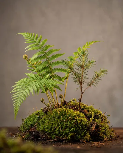 Fern and Evergreen Sapling in Moss
