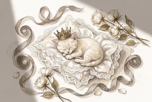 Watercolor Sleeping Kitten in Gold Crown