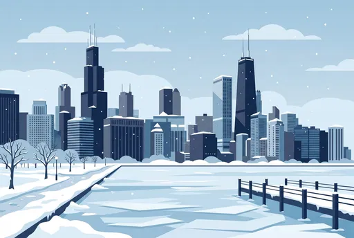 Winter Chicago Skyline Flat Vector Illustration