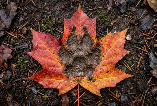 Muddy Paw Print on Autumn Maple Leaf