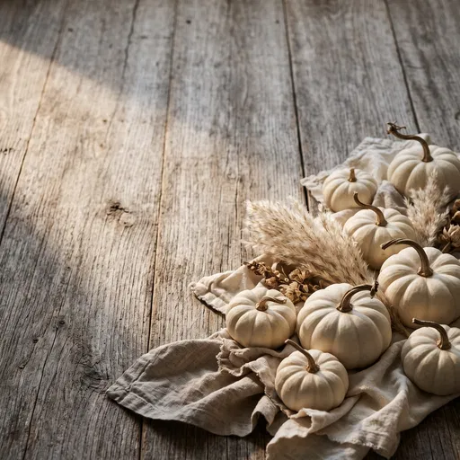 White Pumpkins on Rustic Wooden Background