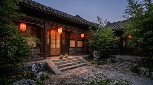 Two Pugs in Traditional Chinese Courtyard
