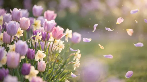 Pastel Tulips and Daffodils with Floating Petals