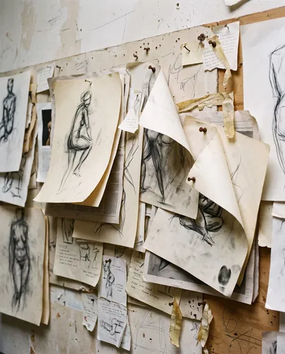 Pinned Charcoal Gesture Sketches on Studio Wall