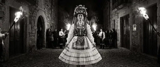 Traditional Folk Dancer Under Night Torchlight