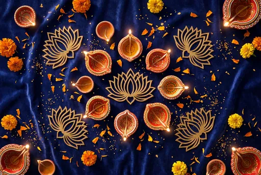 Diwali Diyas And Gold Lotus Flat Lay