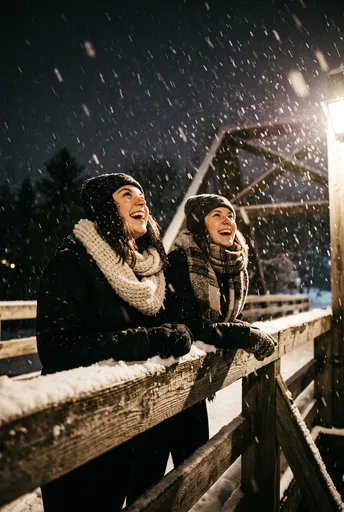 Two Women Laughing in Night Snowfall