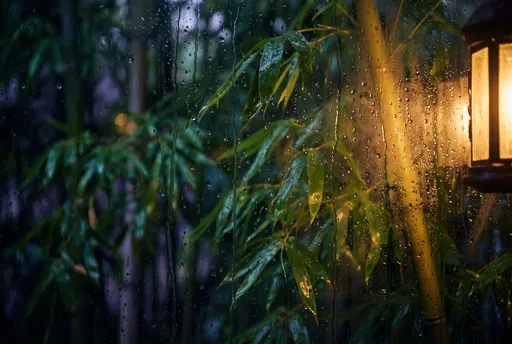 Rainy Window Overlooking Bamboo at Dusk