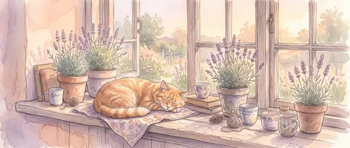 Watercolor Ginger Cat Sleeping on Windowsill