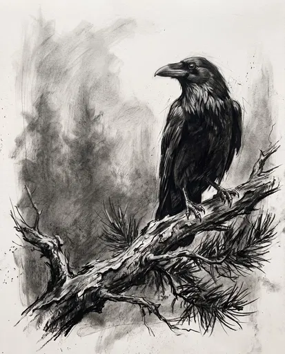 Charcoal Drawing of Perched Raven