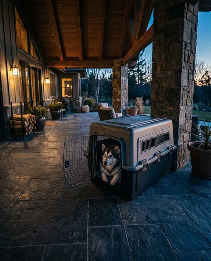 Alaskan Malamute in Crate on Dusk Patio