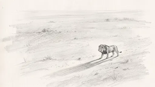Graphite Sketch of Lion Walking Across Plain