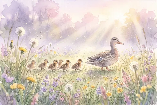 Watercolor Mother Duck and Ducklings in Meadow