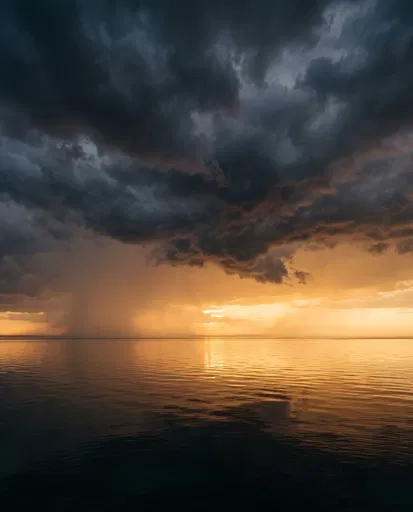 Dark Storm Clouds Over Sunset Water